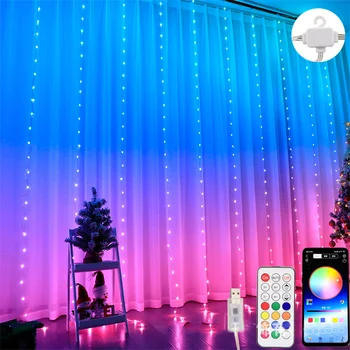 3*3M 300 LED RGB Inteligente de Fadas Cortina da Janela de Luz Bluetooth Aplicativo de Controle de Natal Icicle de Luz Com controle Remoto Festa de Casamento Decoração