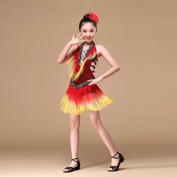 8-15 Anos de Desempenho de Crianças, Roupa de Dança V-pescoço com Esferas sem encosto de Borla Franja Competição de Dança latina de Vestido para as Meninas