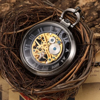 Antigo Vintage Relógio masculino FOB Escultura Oco Numeral Romano Macho do Bolso E Cadeia de Relógios reloj hombre