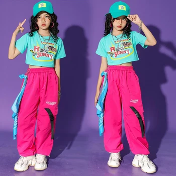 Crianças Teen Kpop Hip Hop Roupas Cortar Topo do Tanque T-Shirt Casual Streetwear Carga Calças para Menina Dança Jazz Traje Fase de Roupas