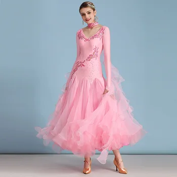 dança de salão concurso de vestidos para a mulher vestido de valsa dança trajes cor-de-rosa grande asa de lantejoulas salão de baile vestido de rumba vestido de decote em v