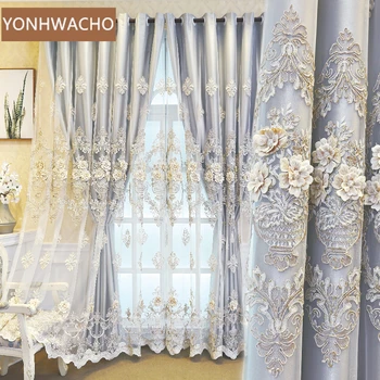 Encomenda da cortina Europeia de alta classe em relevo bordado telas villa moderna de cinza tecido blackout cortina de tule painel de C310