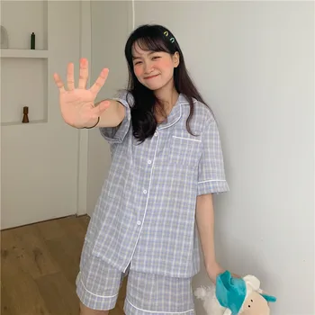Estampa Xadrez De Verão Pijama Conjunto De Mulheres Única Breassted Camisas + Shorts Coreano Casa Terno Vintage Algodão Home Roupas Kawaii