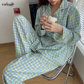 Fdfklak Coreano Green Grid Girls Conjunto De Pijama De Inverno Bonito De Manga Longa De Lazer Pijamas Para Mulheres Solta Roupa De Homewear Terno