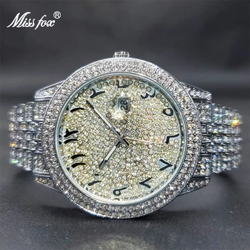 MISSFOX Mulheres do Grande Relógio de Luxo Elegante Bling Bling do Diamante Relógios Para mulheres Calendário relógio de Pulso Impermeável Droppshipping