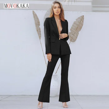 MOVOKAKA Office Mulheres Conjunto de Blazer Slim Fit Único Botão do Blazer E Longo Flare Pants Mulher 2 Peças de Outono Inverno Blazers Conjuntos
