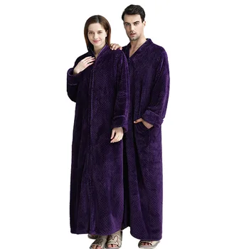 Mulheres Inverno Plus Size 40-100KG Quentes e Longos Flanela Roupão com Capuz Zíper Roupão de Banho Grávida Noite de Vestir Vestido de Homens Sleepwear