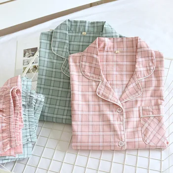 Puro Algodão Xadrez Terno Macio e Confortável, Duas peças de um Pijama para as Mulheres de cor-de-Rosa Verde Fina Simples Pano Casa de Serviço de Primavera Outono