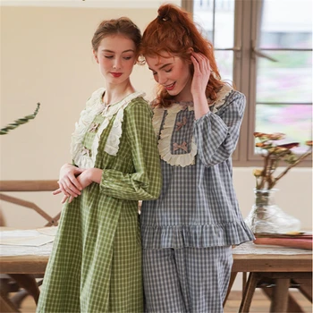 Xadrez pijama de mulheres da primavera e do outono de algodão de mangas compridas coreano bonito algodão casual home de serviço terno pijamas mulheres 2020